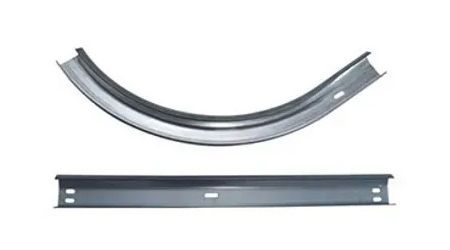 Curved and straight metal track pieces, likely for a garage door.