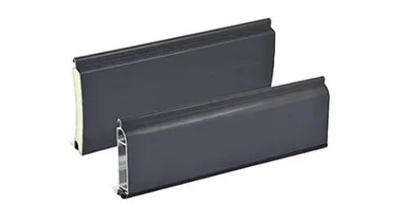 Two gray rectangular window shutters, one larger, one smaller.