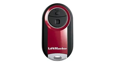 LiftMaster garage door opener remote. Red and black, two-button design.