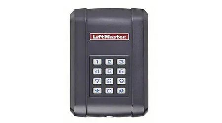 Dark gray LiftMaster keyless entry keypad.