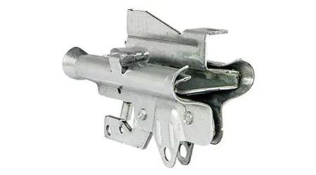 Metal gate latch with a cylindrical handle and various mounting points.