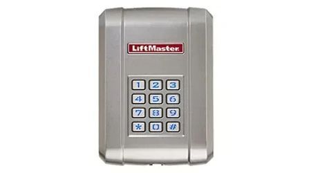 Silver LiftMaster keypad with numeric buttons.