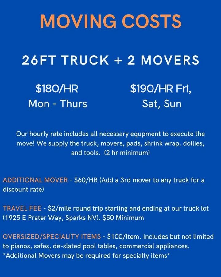 Blue moving-costs flyer for 26ft truck and 2 movers, with hourly rates, travel fee, and service details