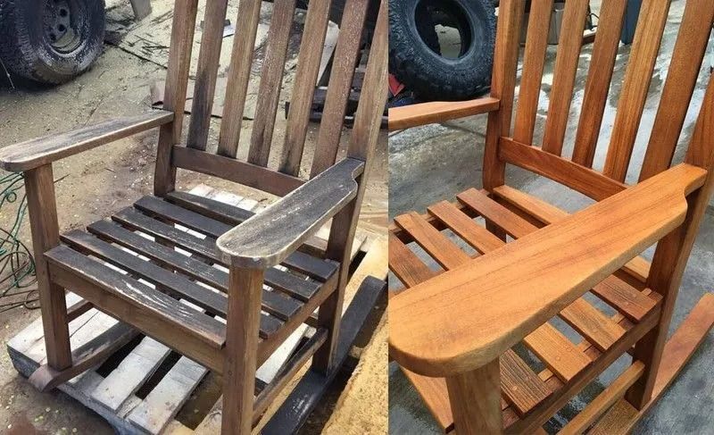 Two wooden chairs: weathered gray on the left and newly stained orange on the right.