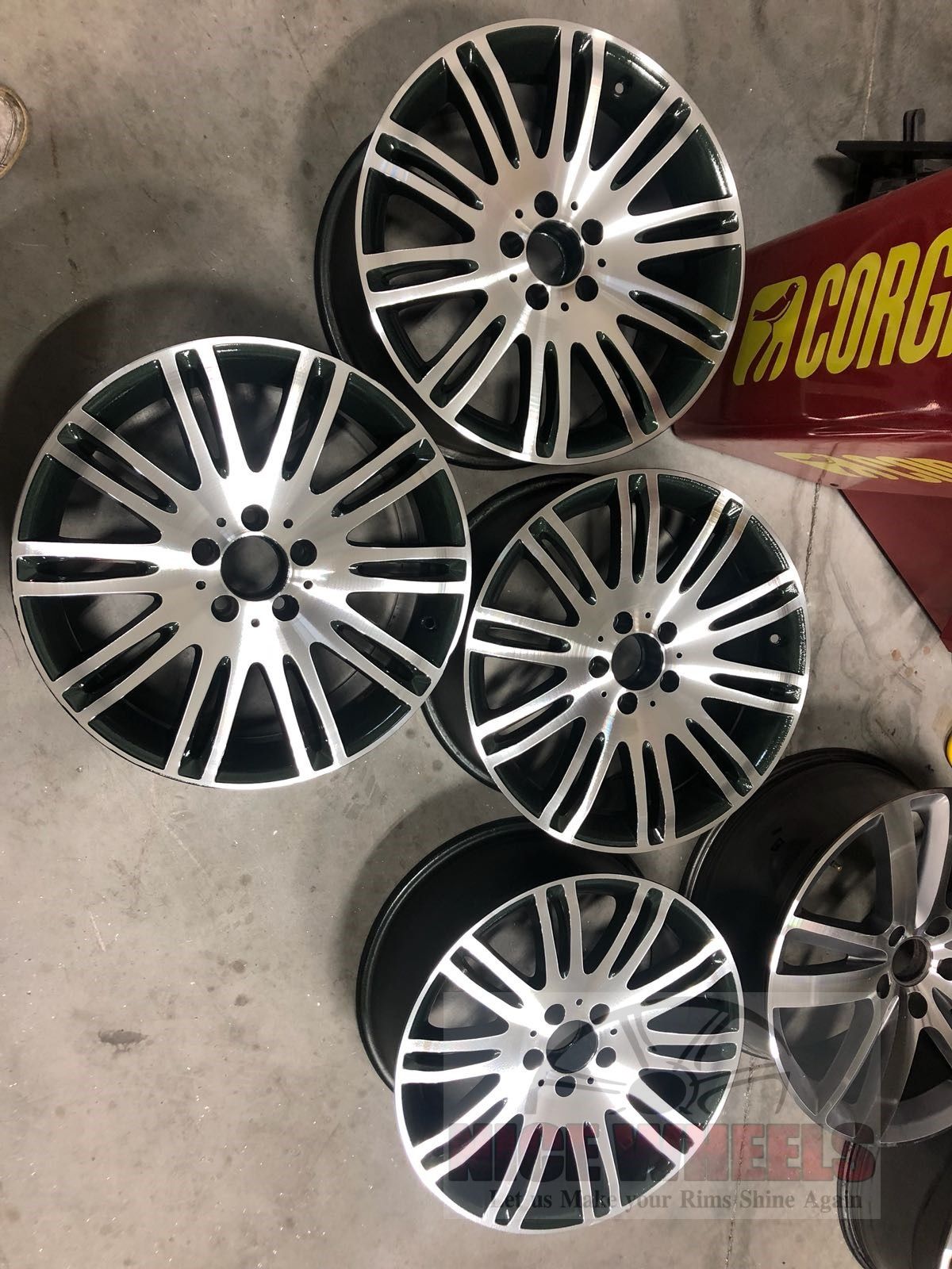 A bunch of wheels are stacked on top of each other