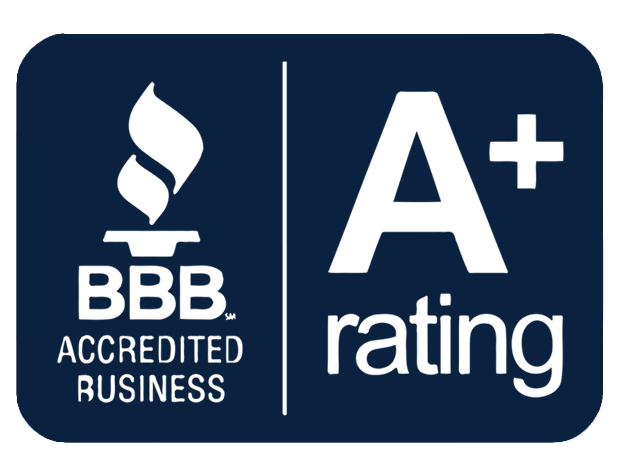 Bbb accredited business a+ rating logo on a blue background