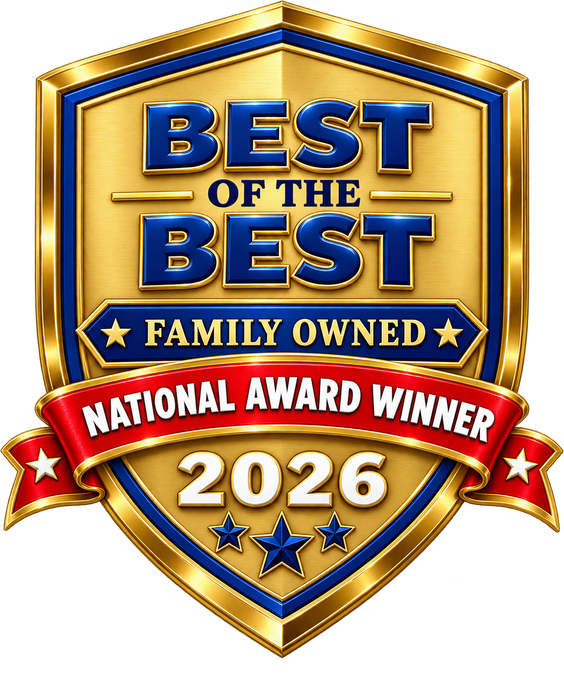 Gold shield emblem reading “Best of the Best,” “Family Owned,” “National Award Winner,” and “2026”