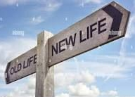 A wooden road sign against a blue sky, with arrows pointing left to "OLD LIFE" and right to "NEW LIFE."