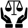 A black silhouette icon featuring two cupped hands holding up a set of balance scales.
