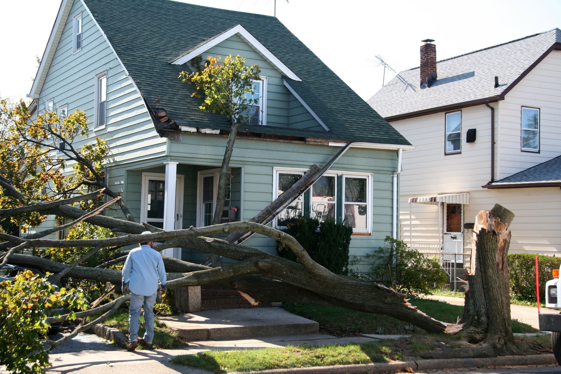 A fallen tree rests on the roof and front porch of a green, two-story house, with a person standing nearby.