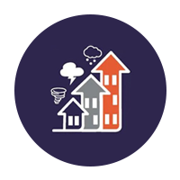 Three houses in shades of dark blue, gray, and orange with arrows pointing upward, accompanied by tornado and snow icons.