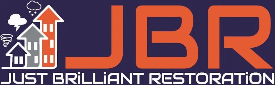 The JBR logo features stylized house shapes with weather icons, with the text "JUST BRILLIANT RESTORATION" underneath.