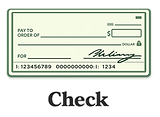 Illustration of a green check with blank payee and signature lines, labeled “Check” beneath it