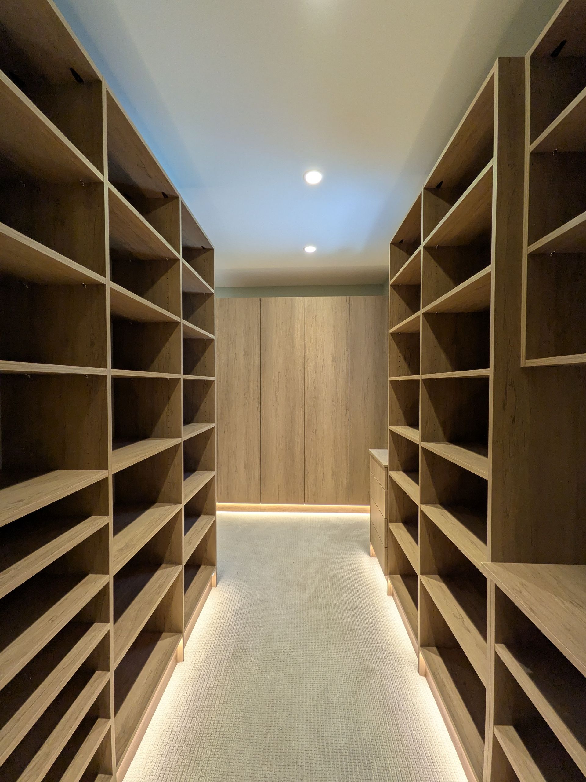 Wood-paneled walk-in closet with empty shelves on both sides and a carpeted floor.