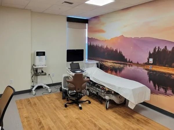 A medical examination room with an ultrasound machine, a brown rolling chair, and a treatment bed against a nature mural.