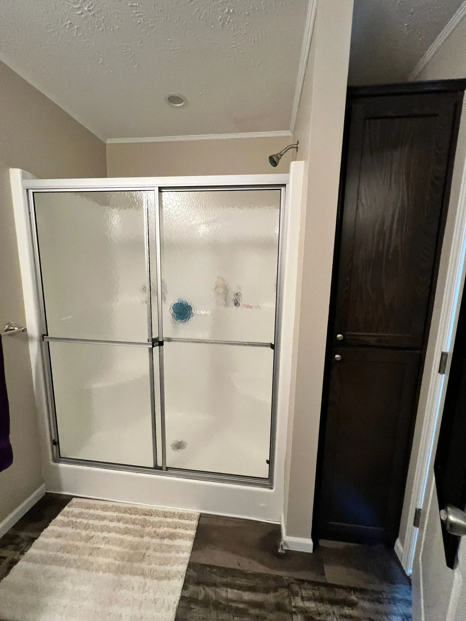 Bathroom with a glass shower enclosure and dark brown storage cabinet.