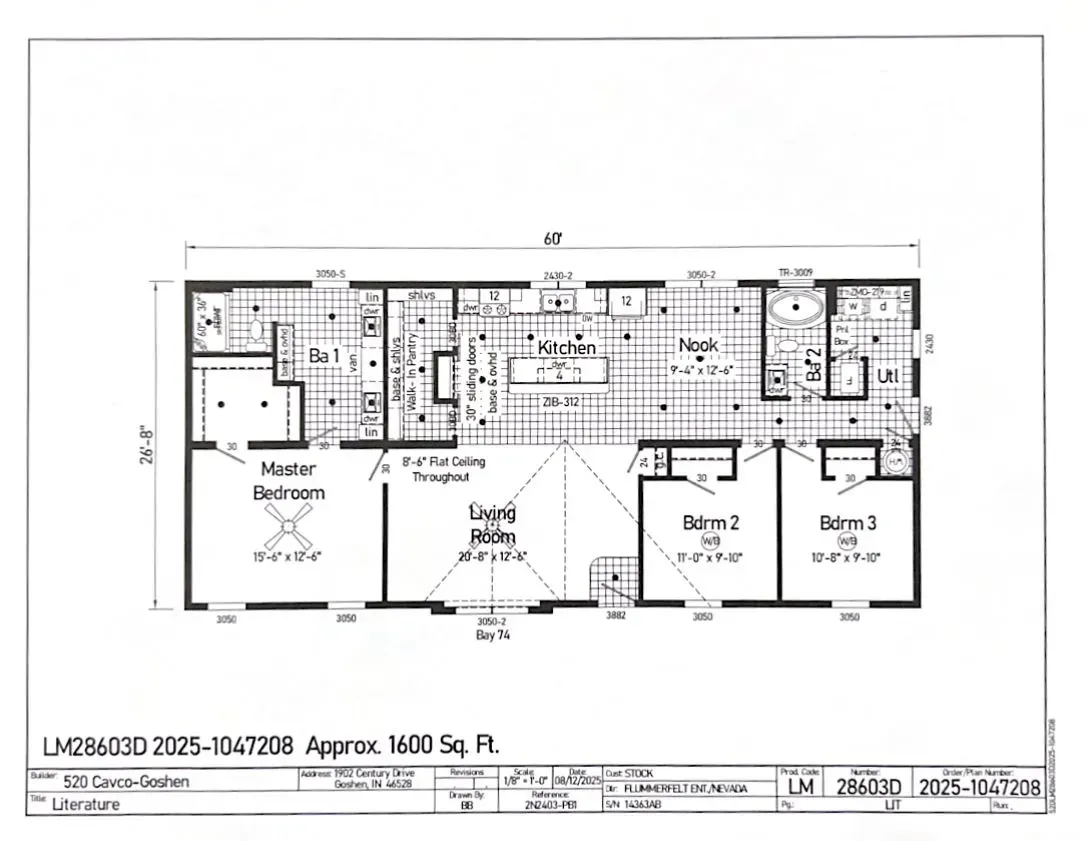 Floor plan of a house with living spaces, bedrooms, and kitchen. Approximate size: 1600 sq ft.