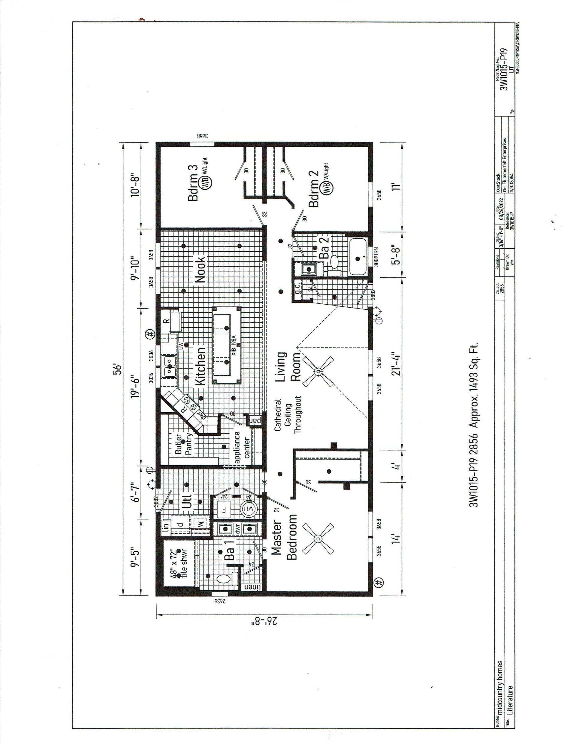Floor plan of a rectangular house with labeled rooms, doors, and measurements.