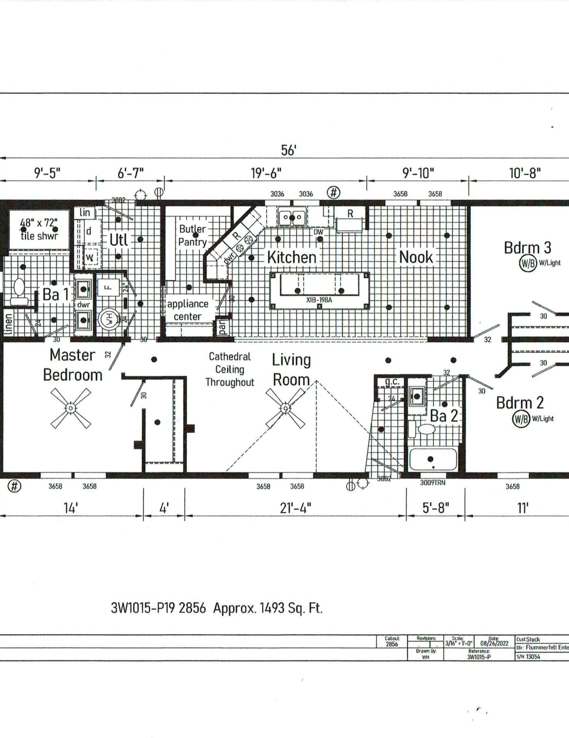Floor plan of a house with labels for kitchen, bedrooms, living room, and bathrooms.