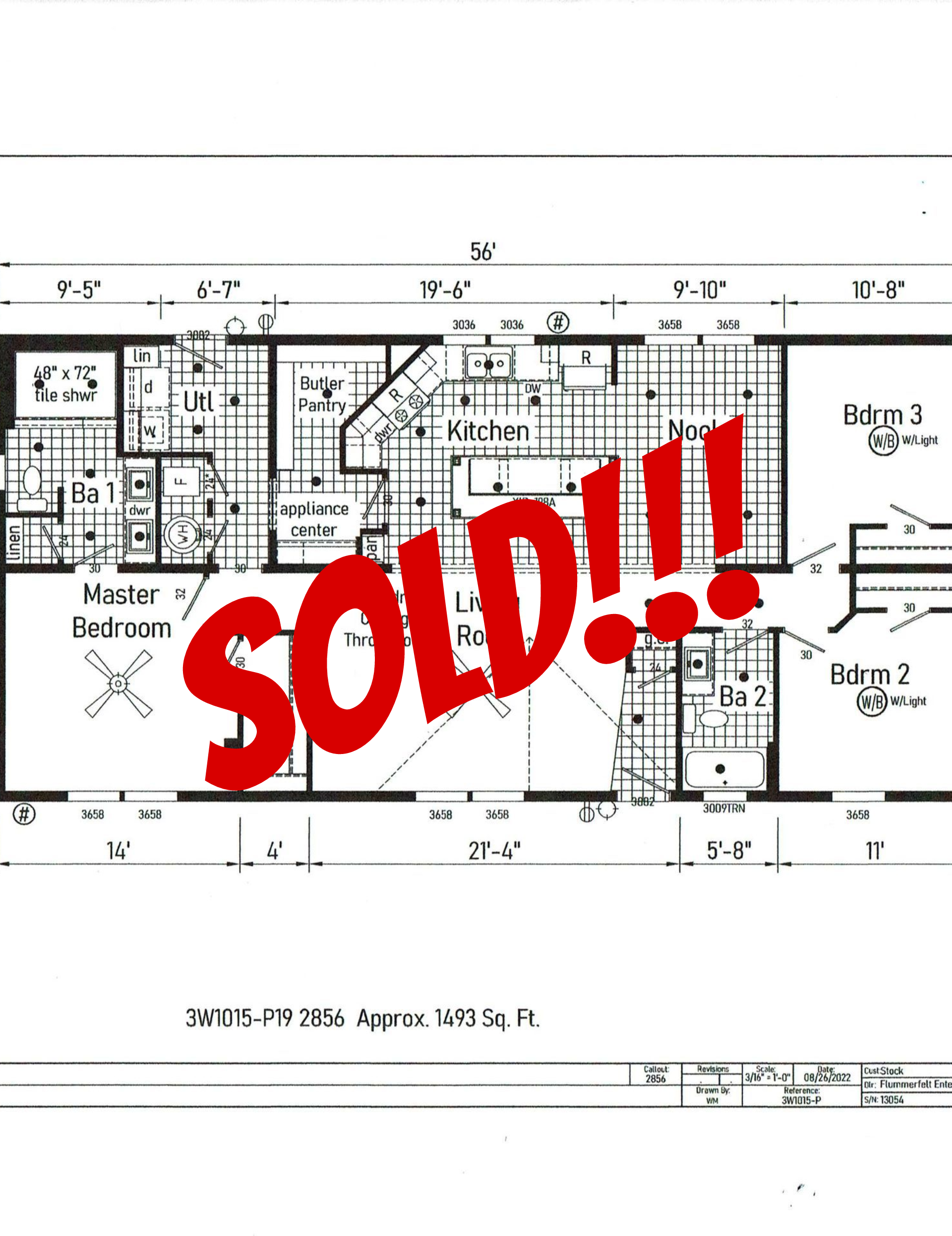 Floor plan of a house with labels for kitchen, bedrooms, living room, and bathrooms.