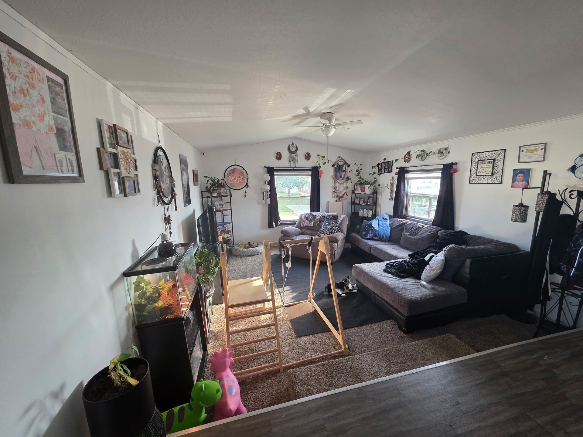 Living room with brown carpet, sofa, aquarium, and wall decor.