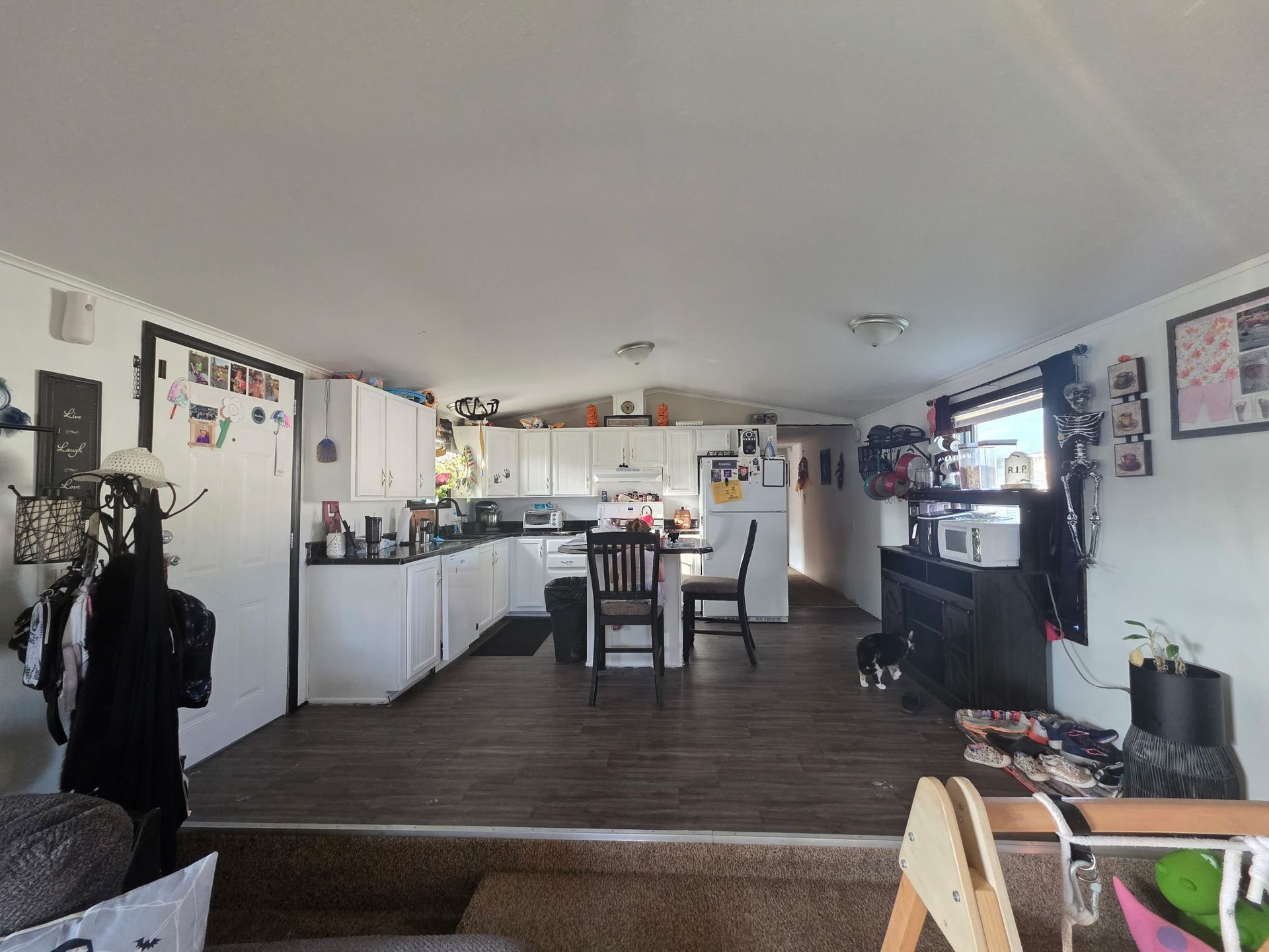 Interior view of a kitchen and living area with white cabinets, dark floors, and sunlight.