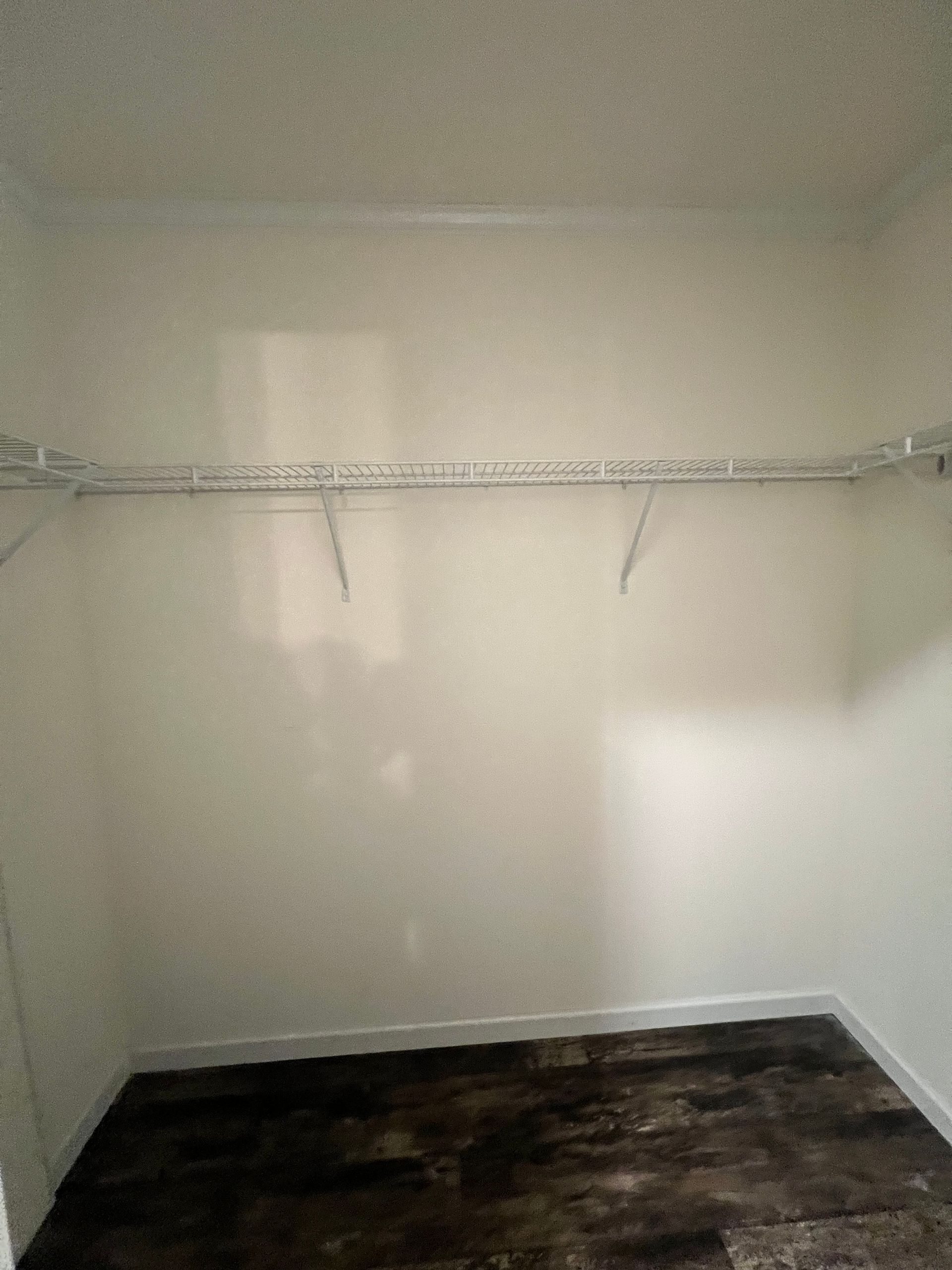 Empty closet with white walls, a single shelf, and dark wood-look flooring.