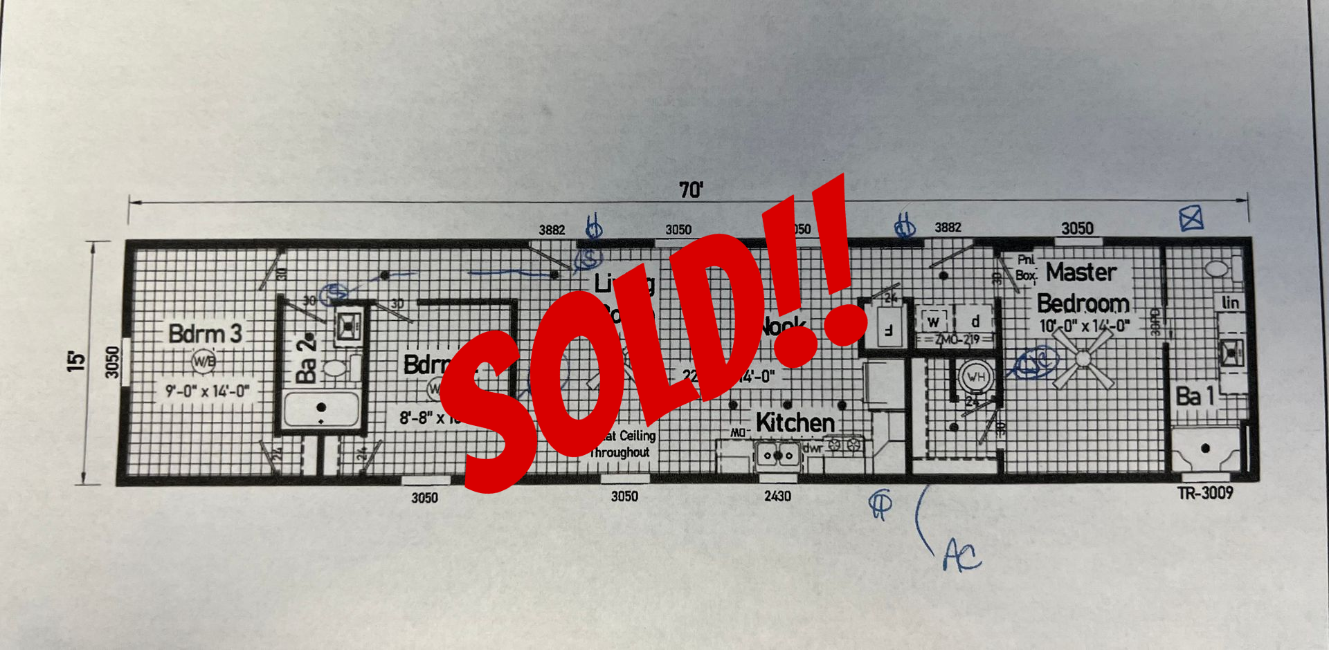 Floor plan of a rectangular house with master bedroom, kitchen, living room, and two other rooms.