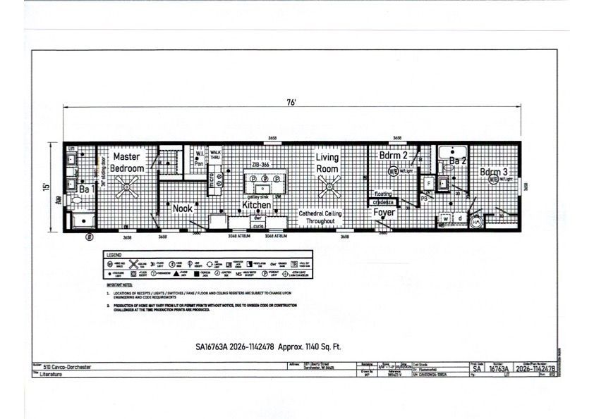 Floor plan of a rectangular house with kitchen, living rooms, and bedrooms labeled.