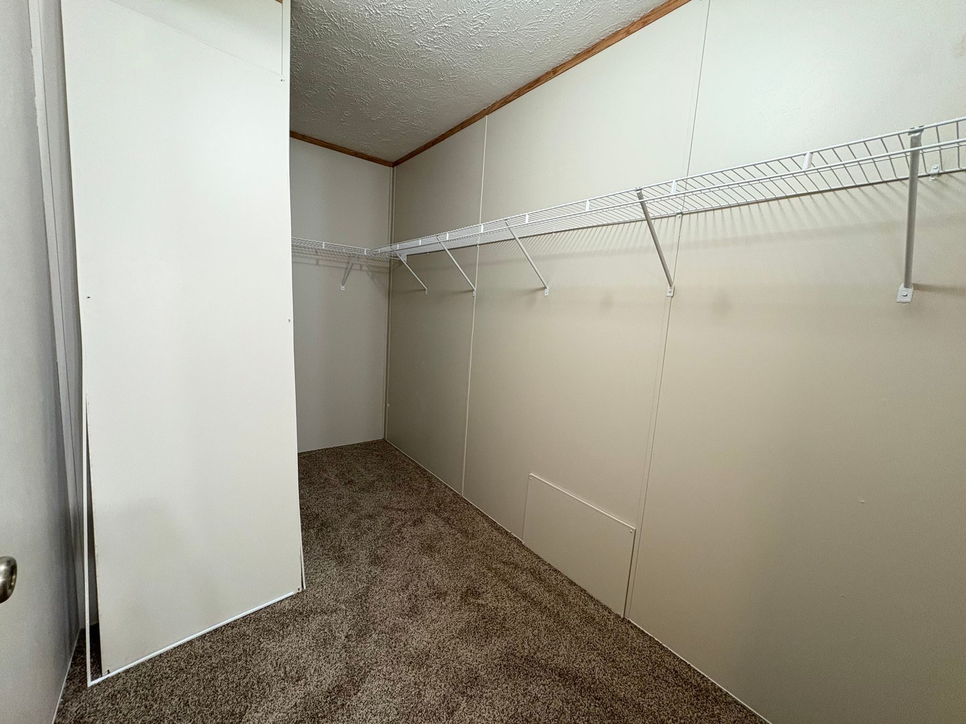 Empty walk-in closet with wire shelving and beige walls, brown carpet.