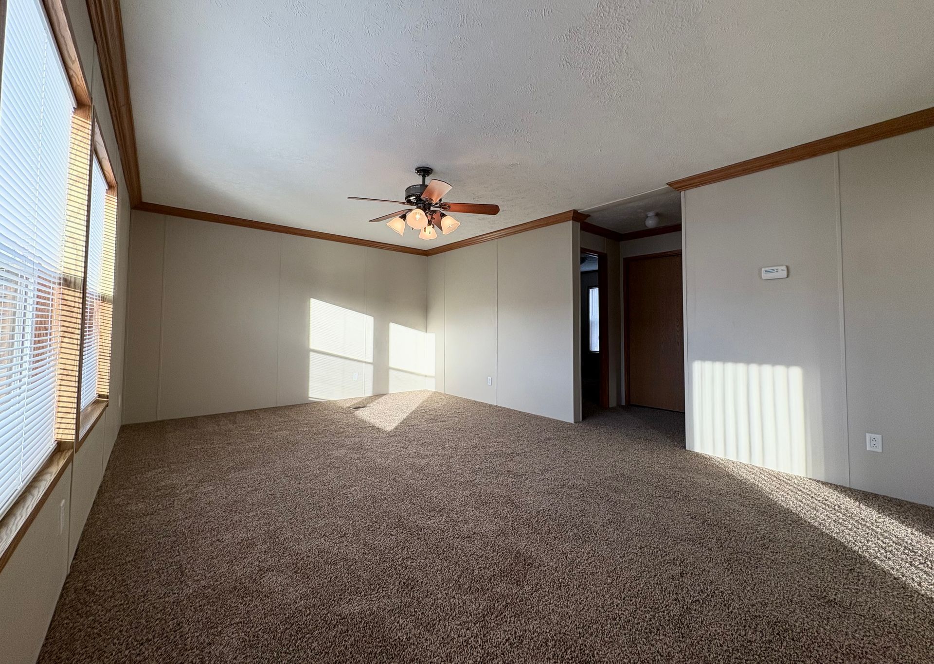 Empty room with brown carpet, tan walls, and a ceiling fan; sunlight streams in from a window.