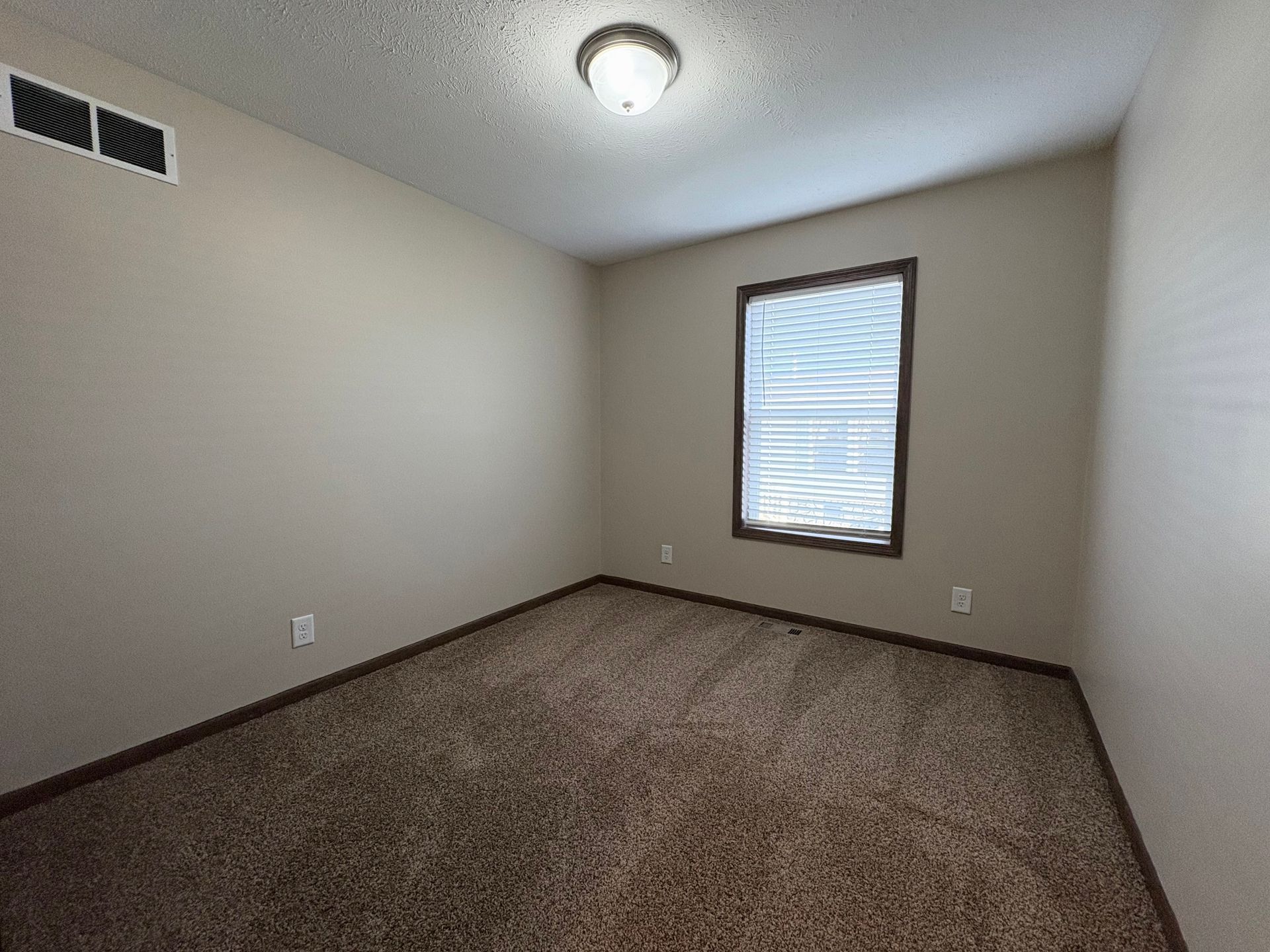 Empty room with brown carpet, tan walls, window with blinds, and ceiling light.