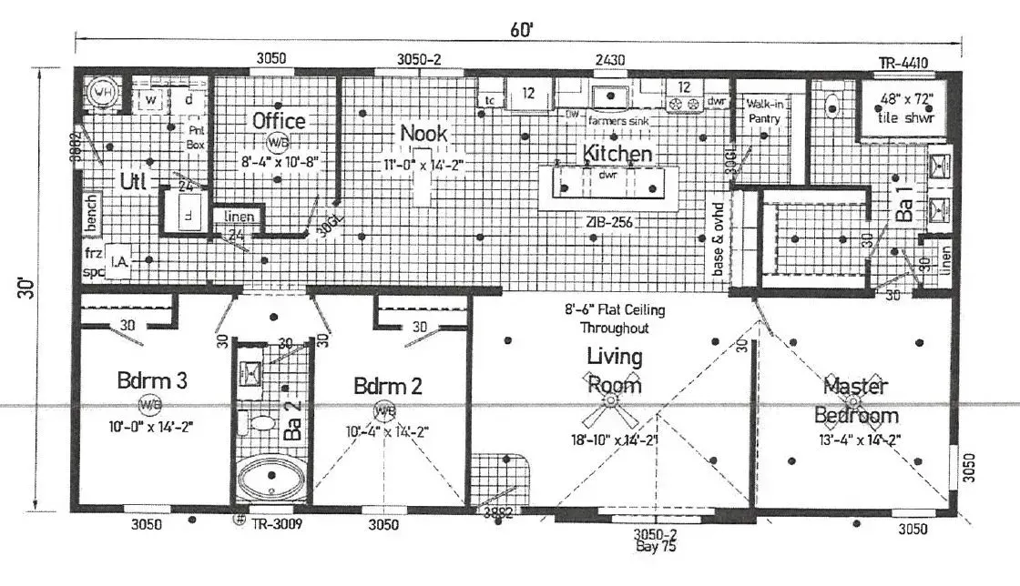 Floor plan of a house with labeled rooms: bedrooms, kitchen, living room, office, and utility room.