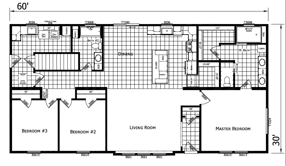 Floor plan of a rectangular house with bedrooms, bathrooms, kitchen, and living room. Dimensions are 60' x 30'.