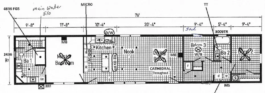 Floor plan of a house with labels for various rooms including a bedroom, kitchen, and dining area.