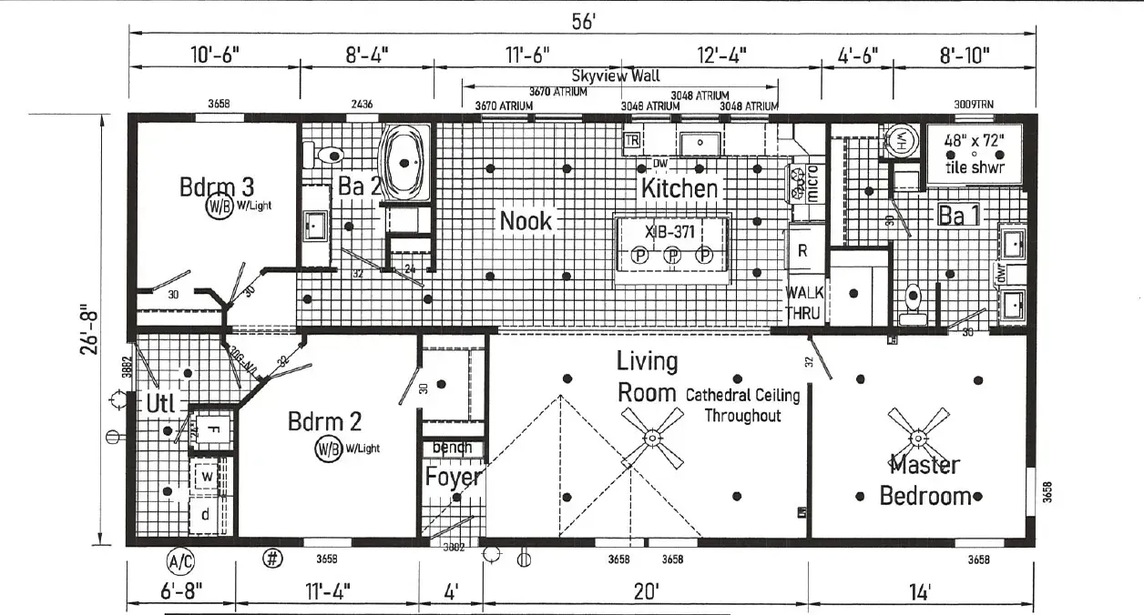Floor plan of a rectangular house; includes three bedrooms, kitchen, living room, and two bathrooms.