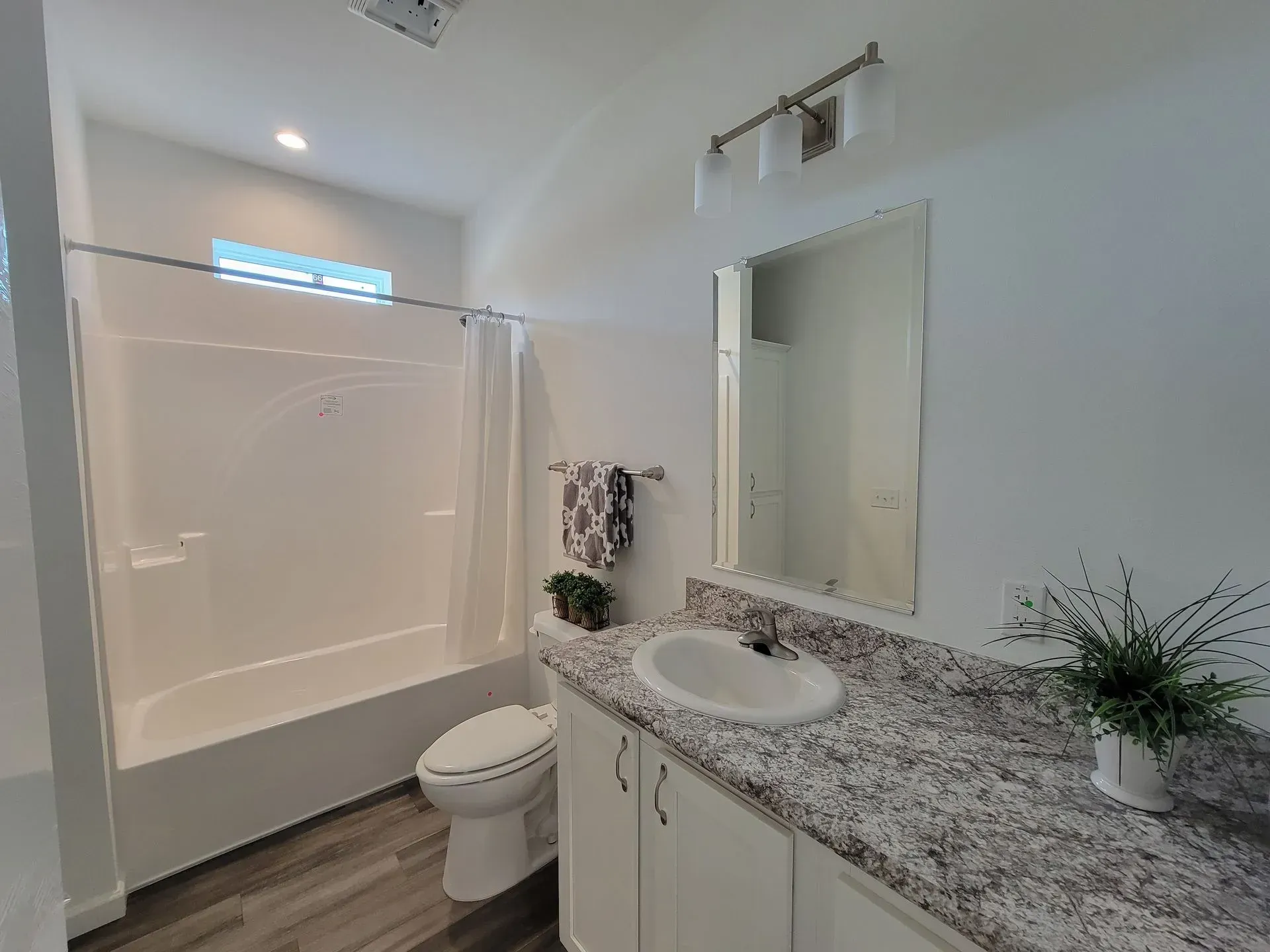 Bathroom with white fixtures, grey countertop, and potted plant.