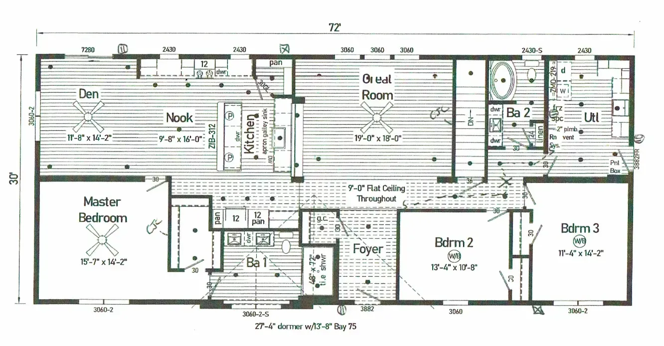 Floor plan of a rectangular mobile home with labeled rooms: kitchen, living room, bedrooms, and bathrooms.
