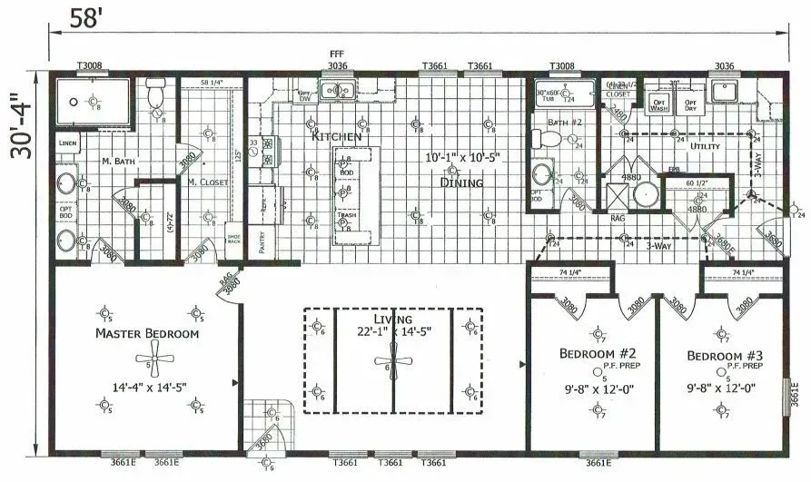 Floor plan of a rectangular house with three bedrooms, a living area, and a kitchen.
