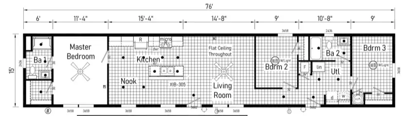 Floor plan of a rectangular house with kitchen, living rooms, and bedrooms labeled.