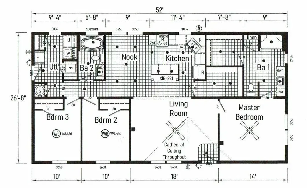 Floor plan of a single-story house with three bedrooms, a kitchen, a living room, and measurements.