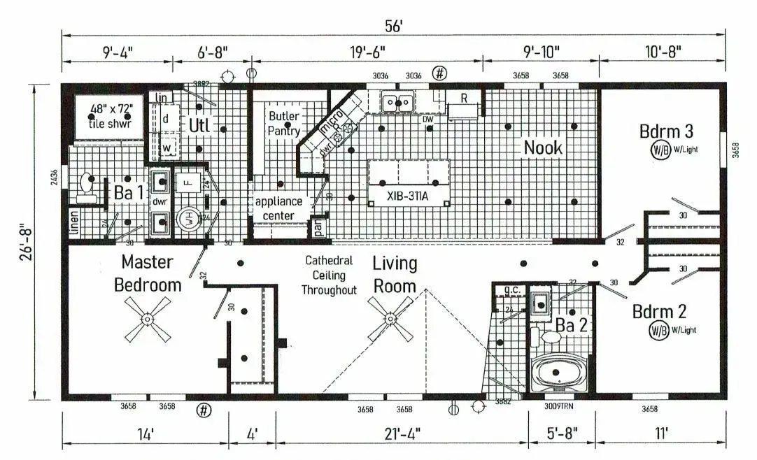 Floor plan of a single-story home, labeled with rooms and dimensions. Includes bedrooms, living room, and kitchen.