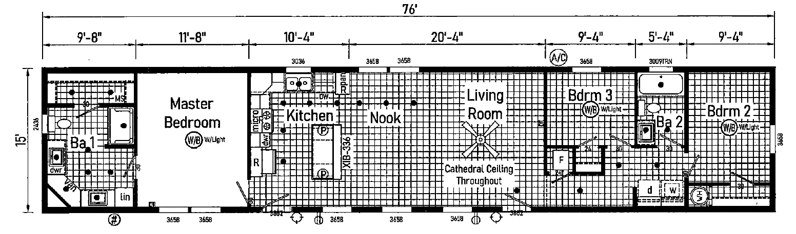 Floor plan of a mobile home layout with labeled rooms including bedroom, living room, and kitchen.