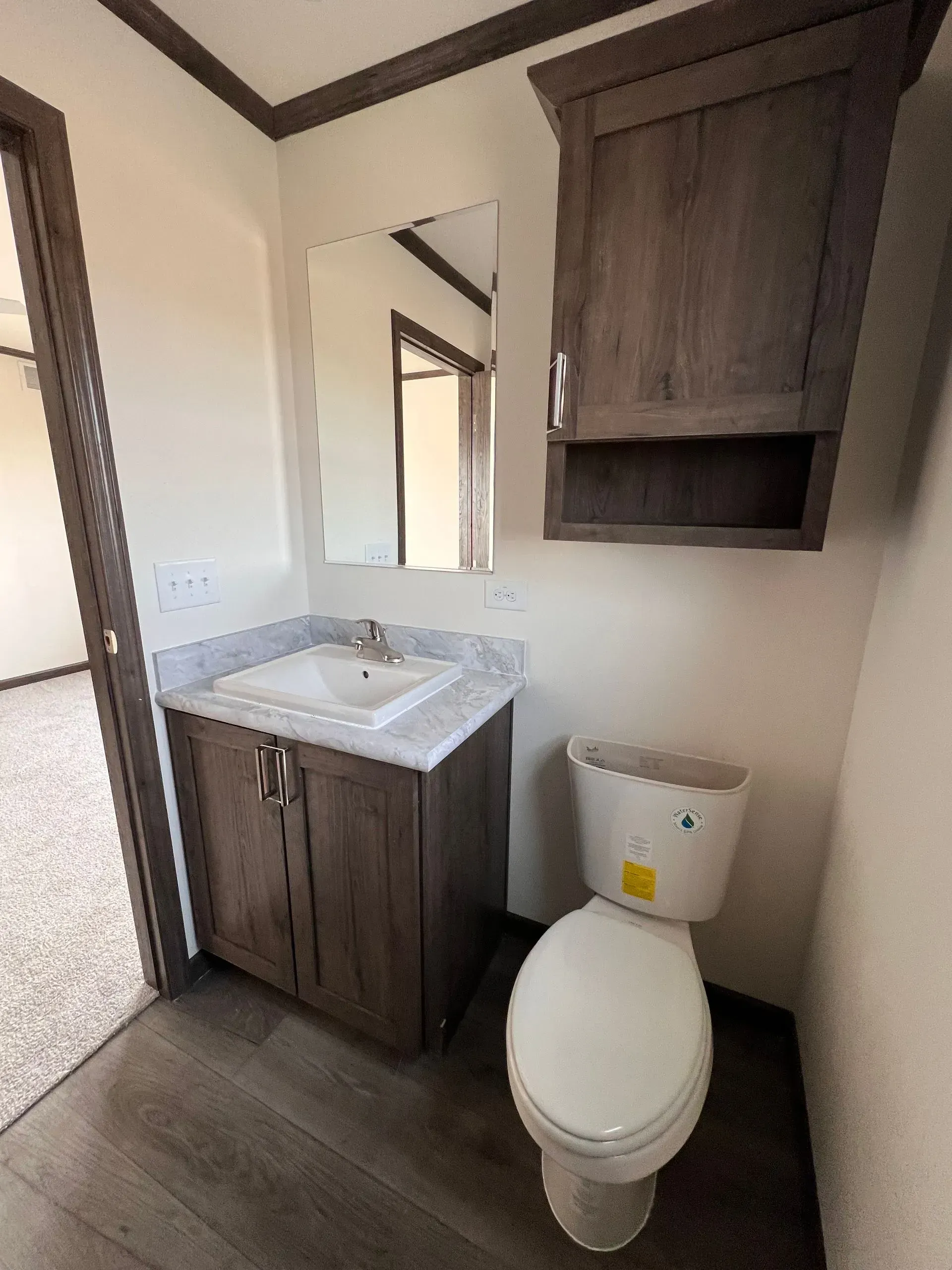 Bathroom with a toilet, vanity, and cabinet; light walls, dark wood accents.