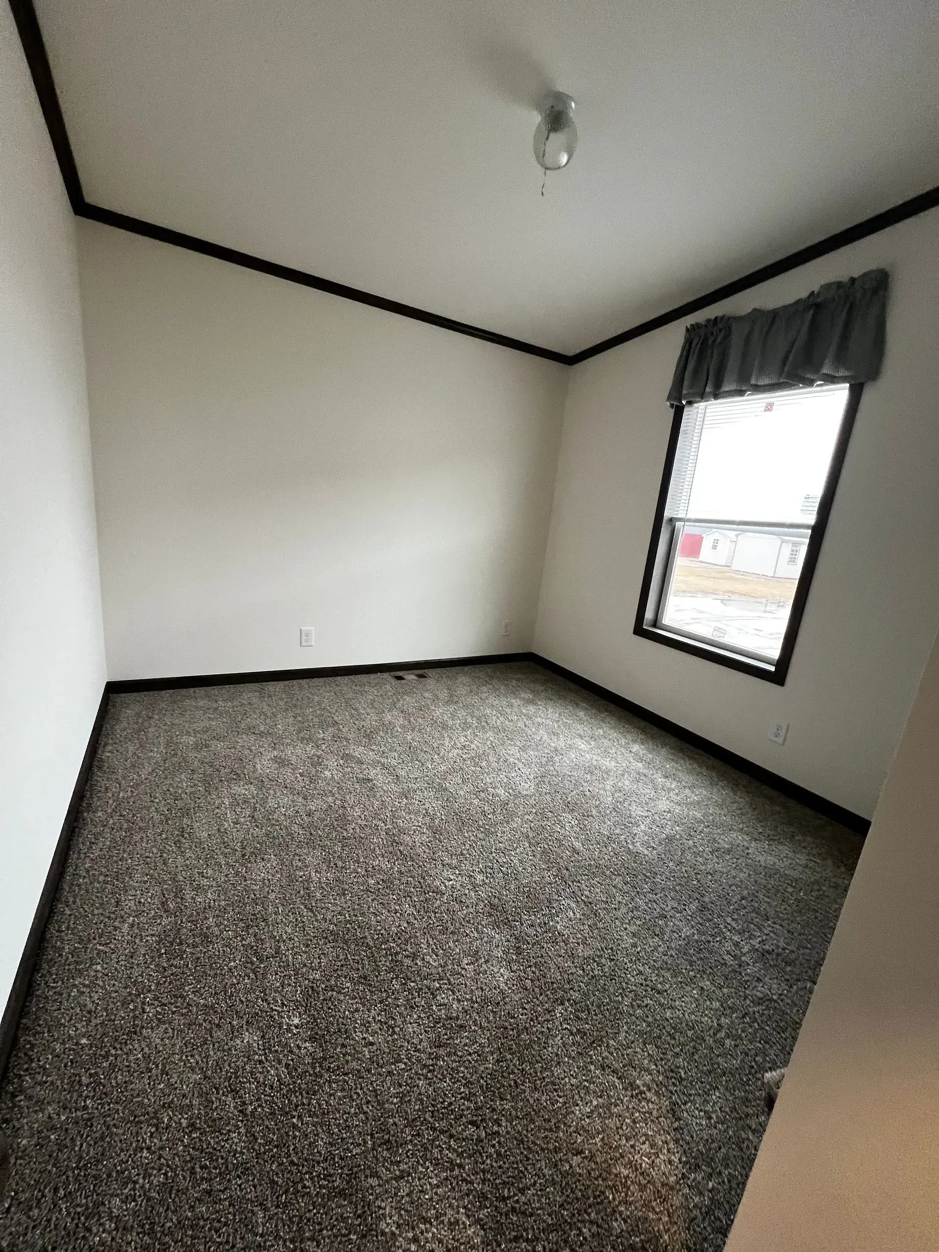 Empty room with speckled carpet, a window with a valance, and a single ceiling light.