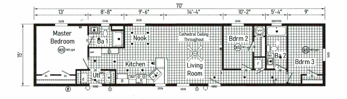 Floor plan of a rectangular house with labeled rooms, showing dimensions and layouts for each space.