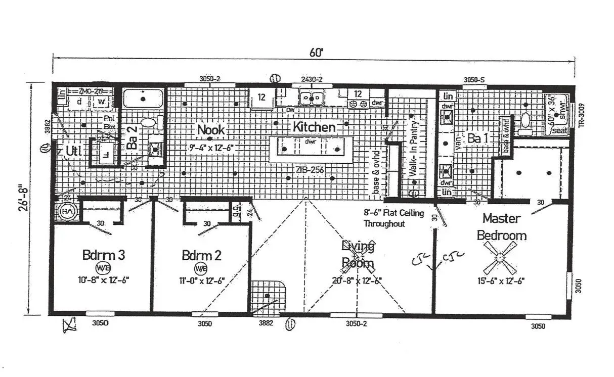 Floor plan of a rectangular house with bedrooms, kitchen, dining area, and living room.