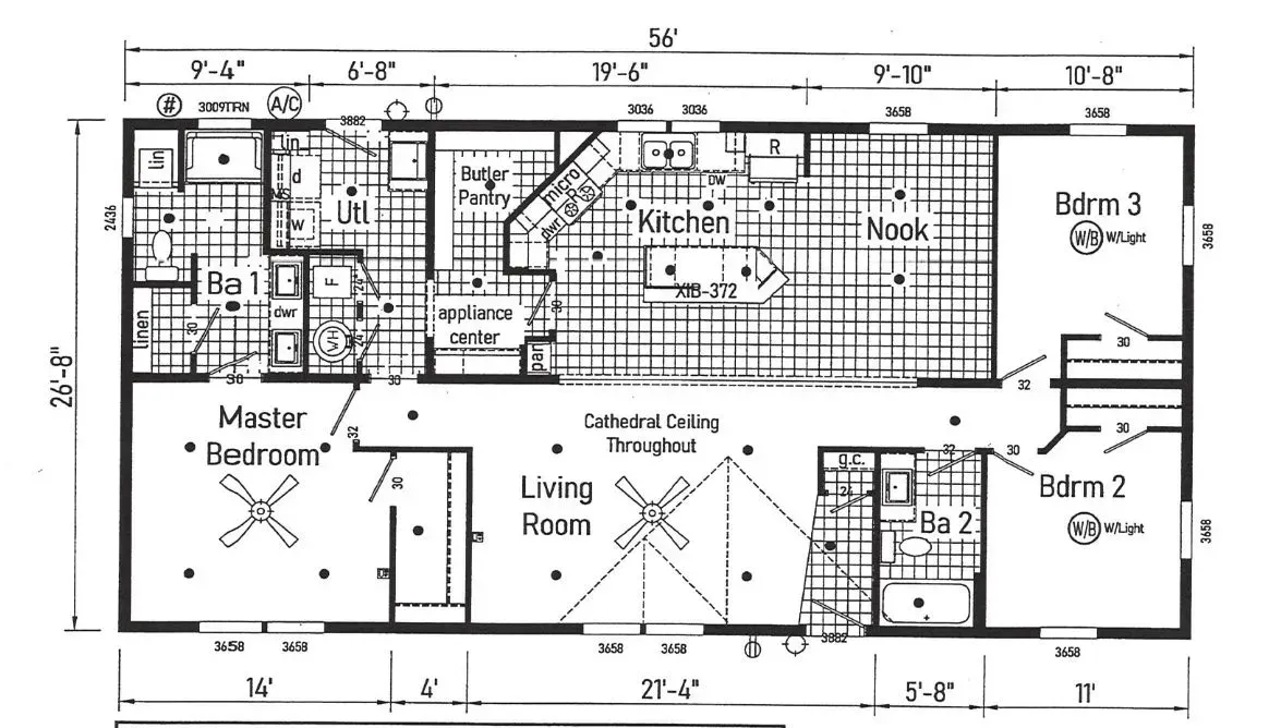 Floor plan of a single-story house with three bedrooms, a kitchen, living room, and master bedroom.