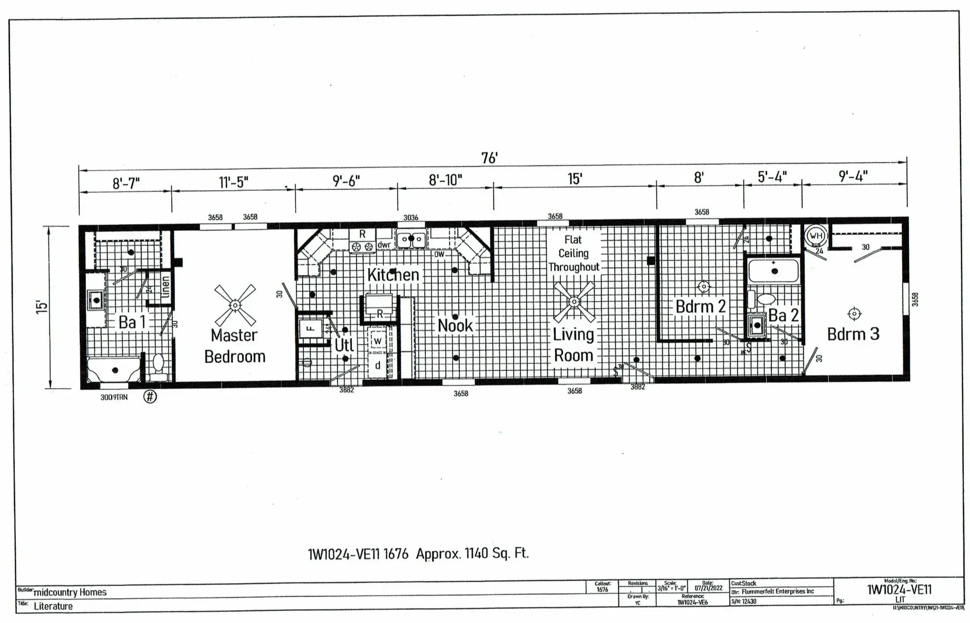 Floor plan of a rectangular house with three bedrooms, a living room, and a kitchen.