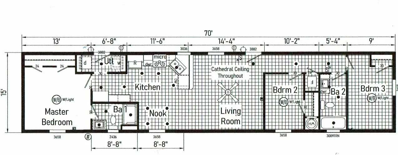 Floor plan of a rectangular house with master bedroom, kitchen, living room, and two other rooms.